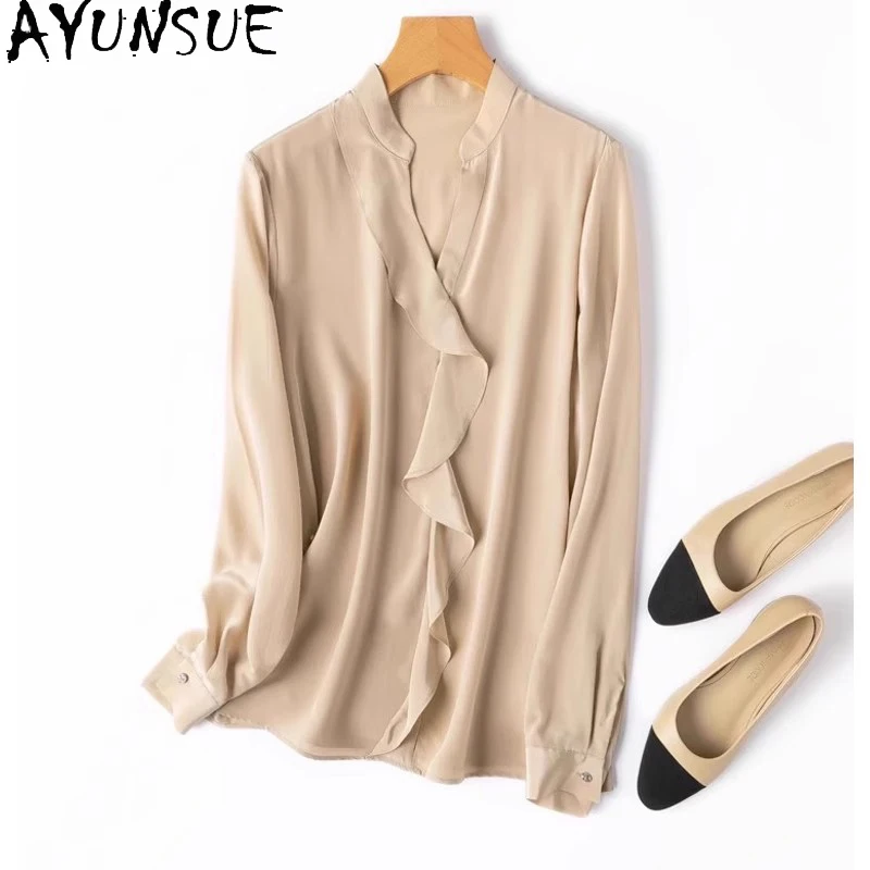 

AYUNSUE 100% Mulberry Silk Blouse Woman V-neck Long Sleeve Summer Tops for Woman Clothes High Quality Shirts Woman Elegant Tops