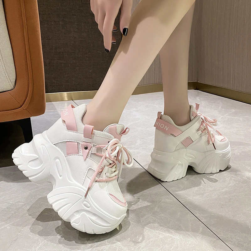 New Women Platform Sneakers Lace-up Autumn Sports Dad Shoes High Top Chunky Casual Shoes Woman Thick Bottom Mesh White Shoes 39