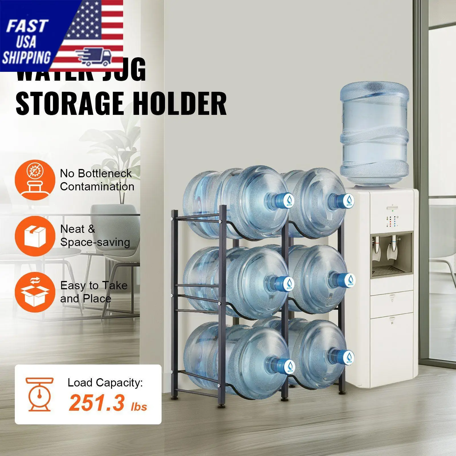 3 Tiers Water Jug Holder Double Row Water Bottle Rack for 6 Bottles Black