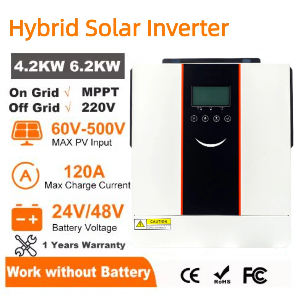 

10.2KW 6.2KW 4.2KW Hybrid Solar Inverter On Grid Pure Sine Wave Inverter 24V 48V 230V Dual Output with MPPT 120A Solar Charger