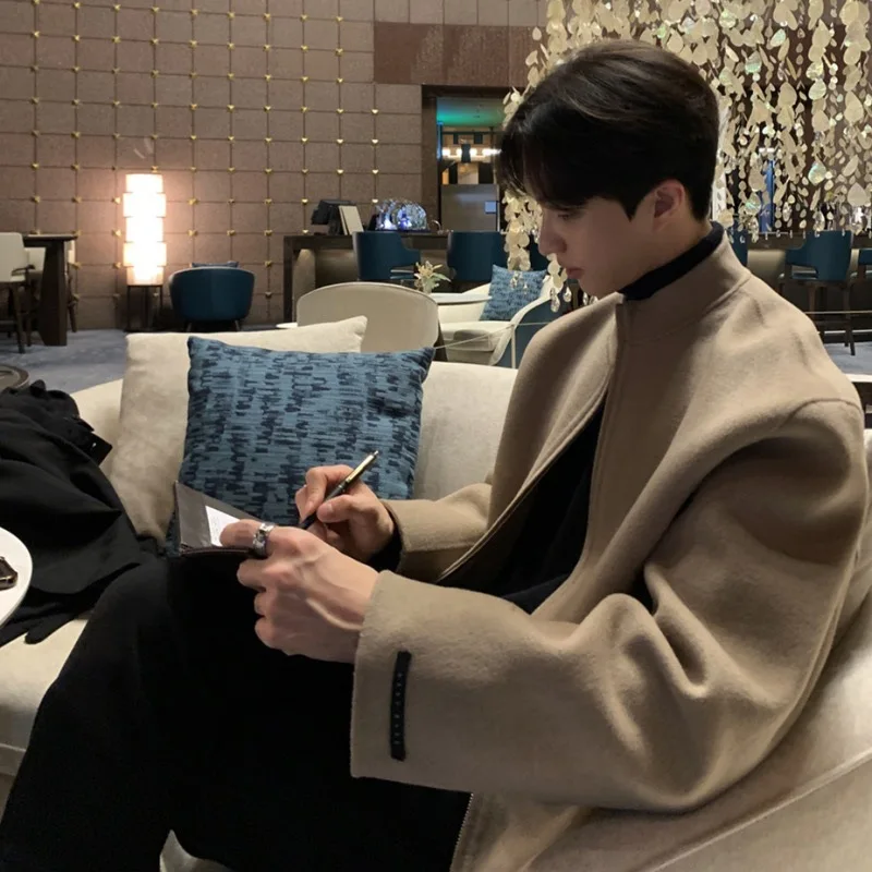 

Men's Woolen Coat Spring Trendy Brand Ins Korean Version Stand Collar Bomber Jacket Loose Fit Solid Color Cool Top