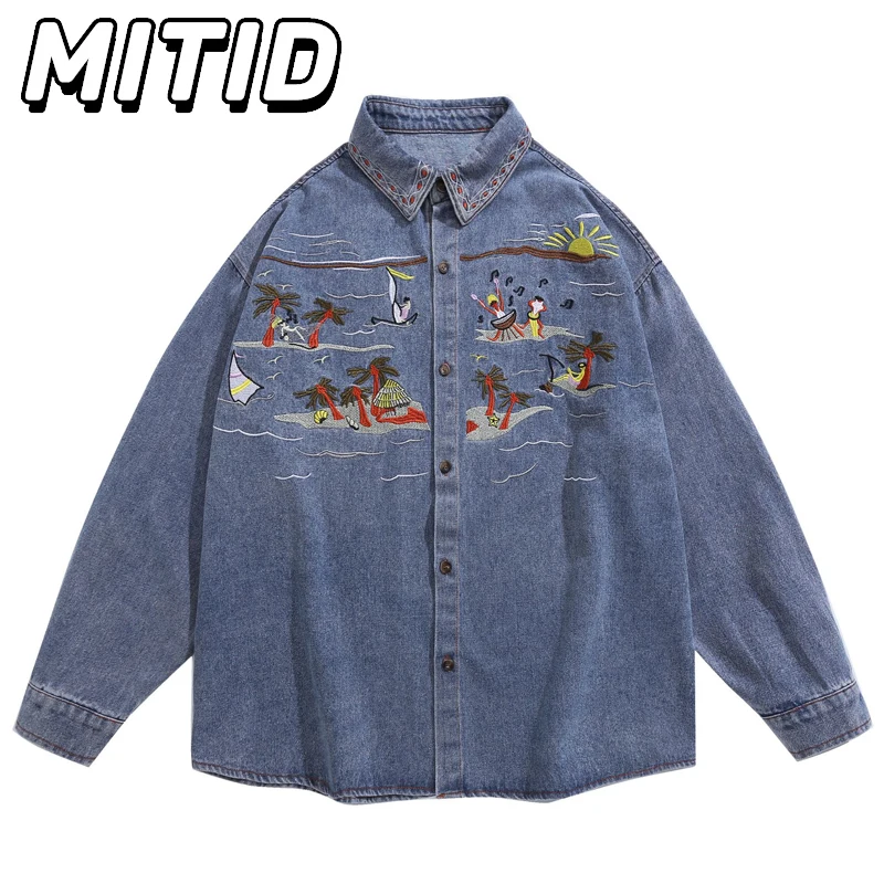 High Street Shirts for Men Vintage Cartoon Coconut Tree Waves Embroidery Spring Autumn Casual Fashion Long Sleeve Denim Shirts