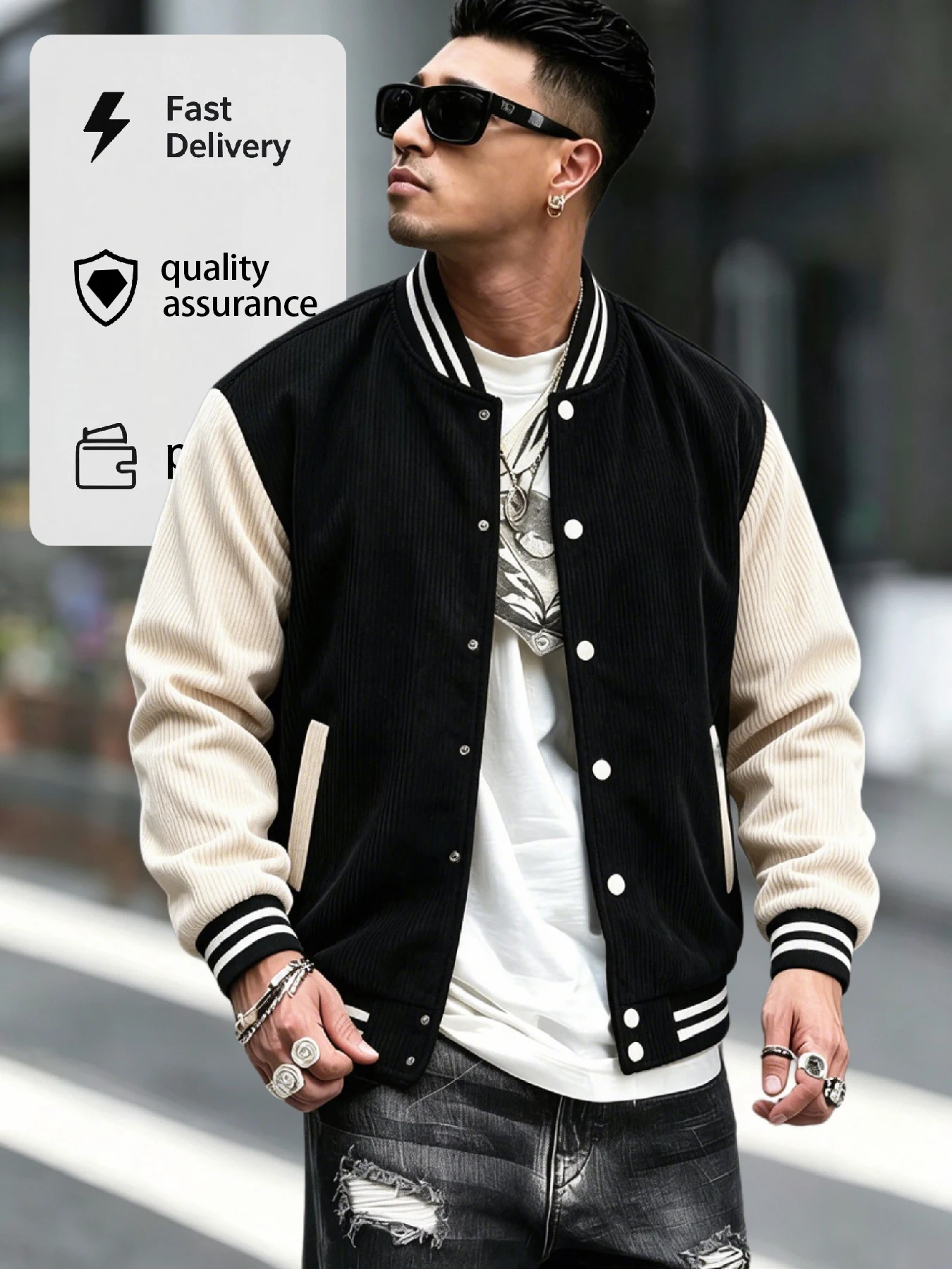 Men's Corduroy Baseball Jacket | Street Cool Trendy Style | Striped Ribbed Collar Cuffs & Hem | Round Button Front with Inner Zi