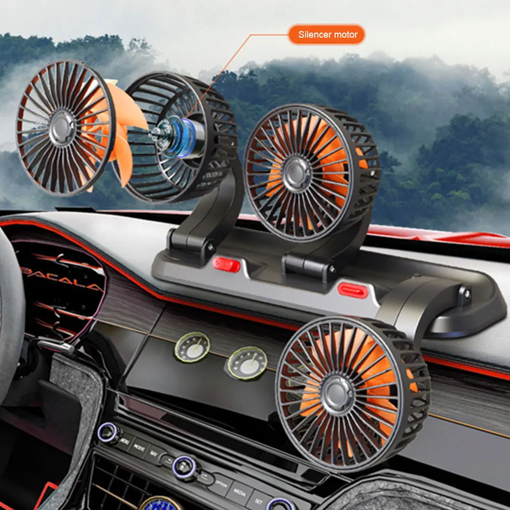 Ventilador elétrico automotivo ajustável para painel, baixo ruído, 360 °, 3 cabeça, 5V, 12V, 24V, sem escova, RV, caminhão