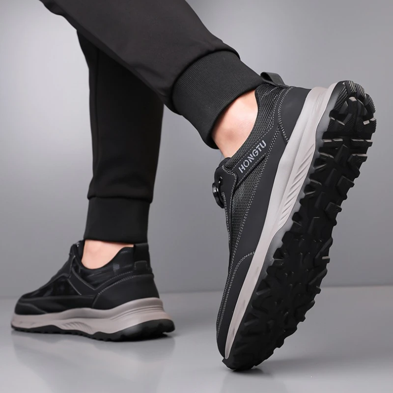 

Casual Sports Shoes for Men Genuine Leather High-quality Round Toe Comfortable Flat Low-top Trendy Style Lace-up Running Shoes