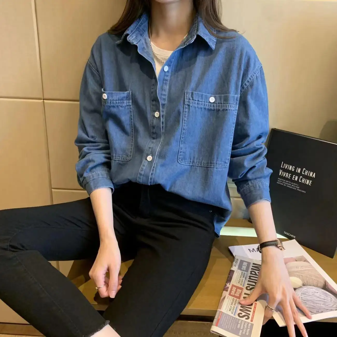 Spring and Autumn New Denim Shirt for Women Loose Medium to Long Sized Student Ins Super Popular Retro Collar Long Sleeve Trendy