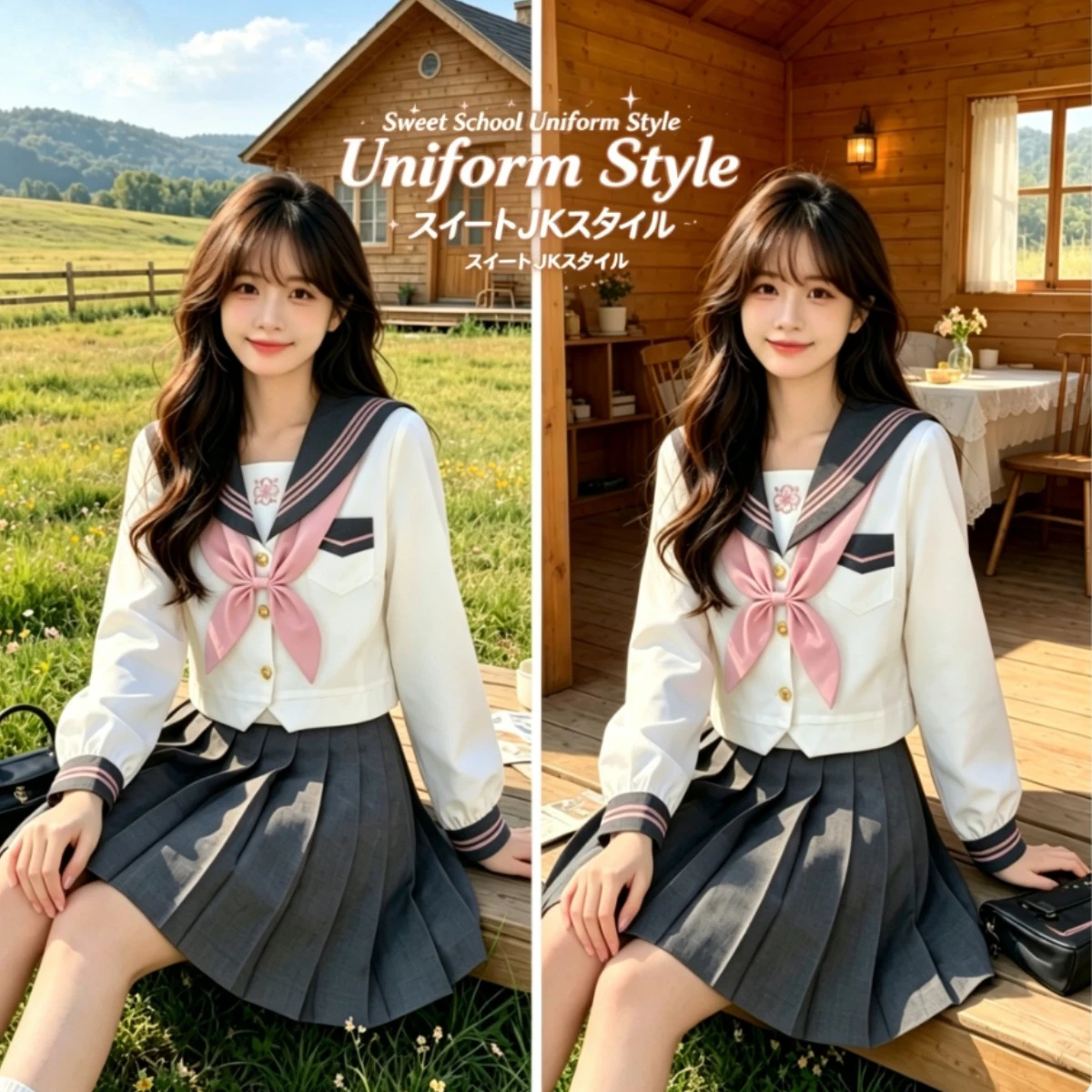 JK School Uniform, Cherry Embroidered Sailor Suit with White Body Gray Collar, Japanese College Summer Wear for Graduation Photo