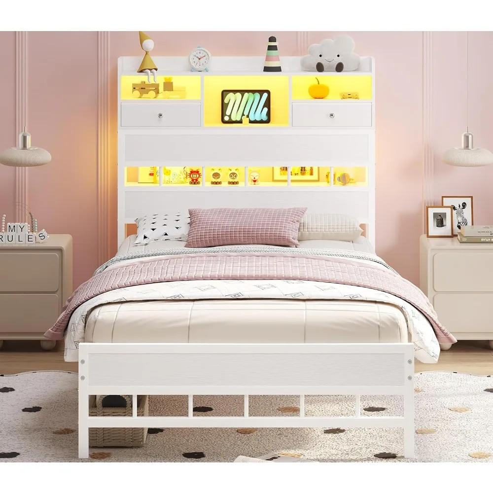 Twin Size Bed Frame with Headboard, Charging Station, LED Lighting, Storage Shelves, and Fabric Drawers