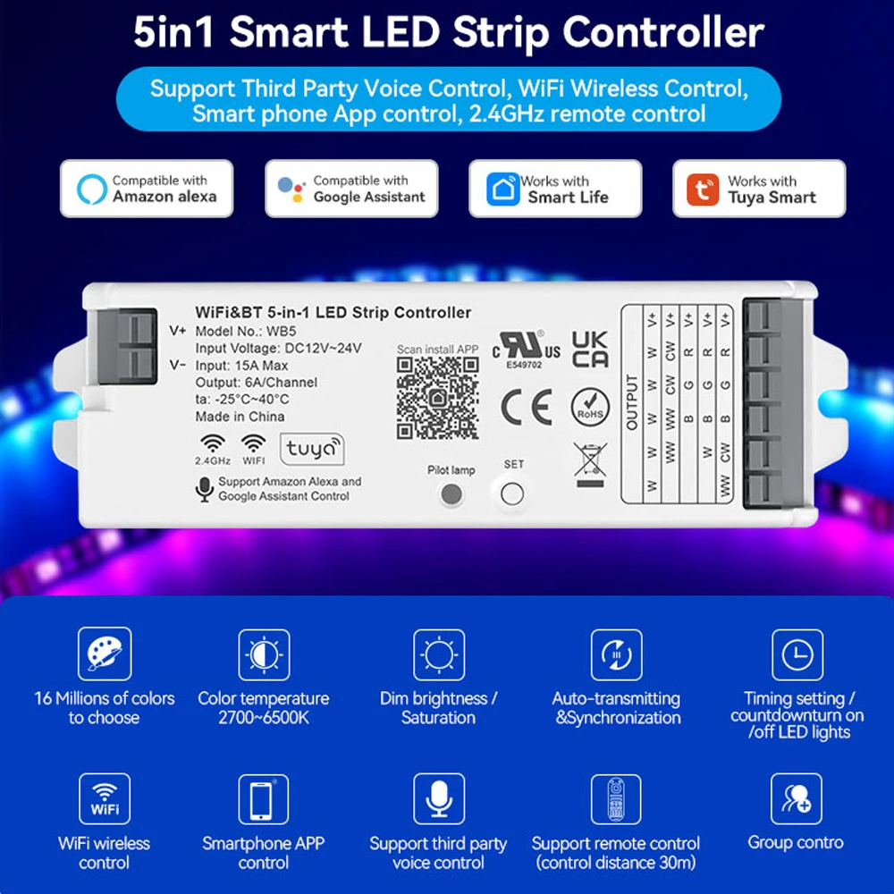 2.4GHz WiFi LED Controller UL Certified for Dim/CCT/RGB/RGBW/RGBCCT LED 5-in-1 PWM LED Dimmer DC12V 24V For Alexa Tuya Smart APP