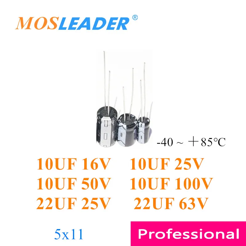 Mosleader 1000 шт. 5*11 10 мкФ 16 В 25 В 50 В 100 В 22 мкФ 50 В 63 В через отверстие алюминиевый электролитический конденсатор-40 + 85 ℃   DIP 5x11 Китай