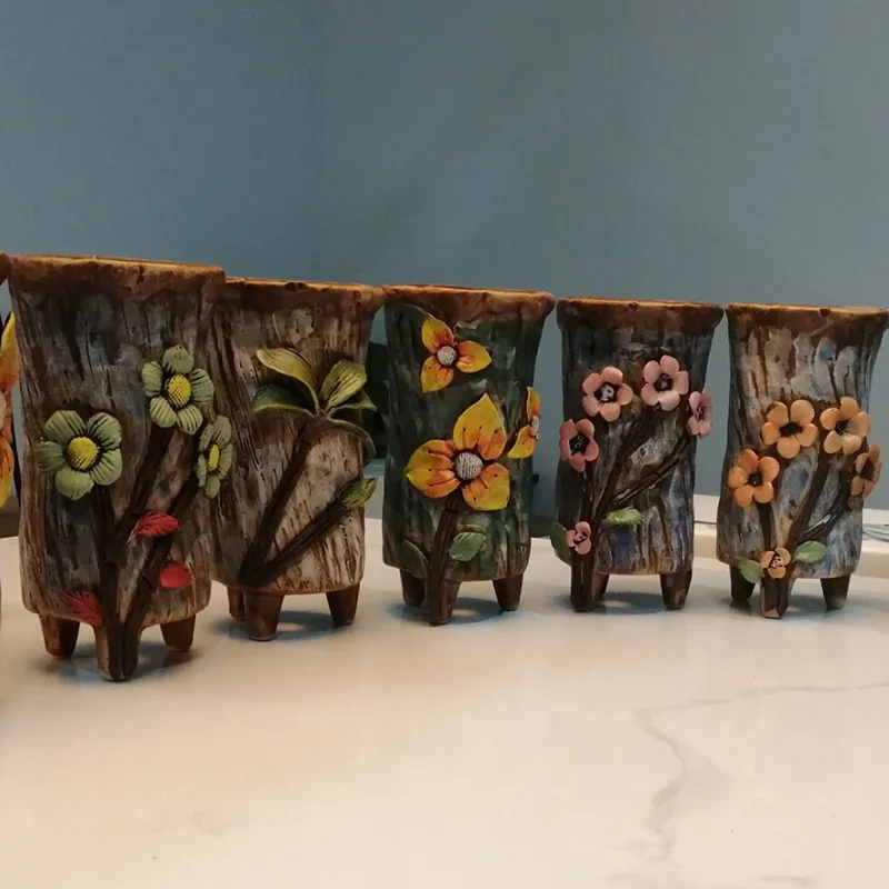 Ceramic Vases Handmade with Flowers Succulent Flower Pots Yanxi Thick Ceramic Belt High Foot, Breathable Cliff Small Old Piles