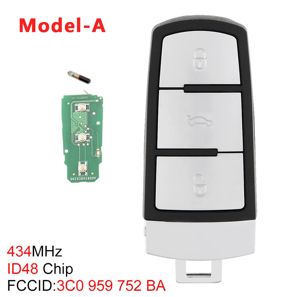 433/434MHz 3 Buttons  Keyless Uncut Flip with ID48 Chip 3C0959752BA Smart Remote Key Fob Fit for VW/Passat/Magotan CC 2006-2011