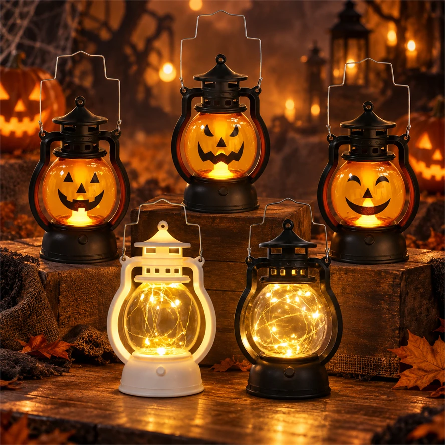 Halloween10 Styles Retro Led Lantern Night Light Decoration Candlestick Hanging Lantern Gift Home Holiday Lighting Ornaments