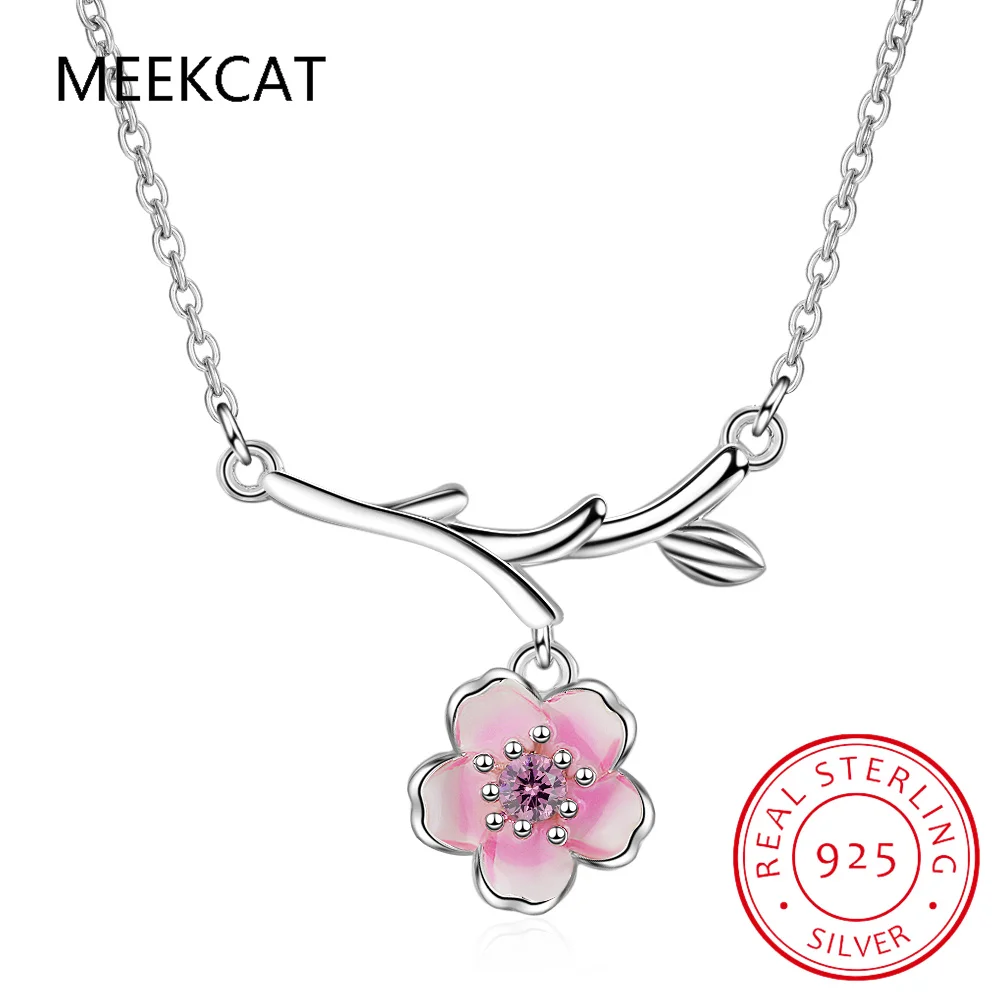 925 Sterling Silver Pink Cherry Blossom Necklaces Fashion Daily Jewelry Flower Pendant Necklace Colar de Prata S-N437