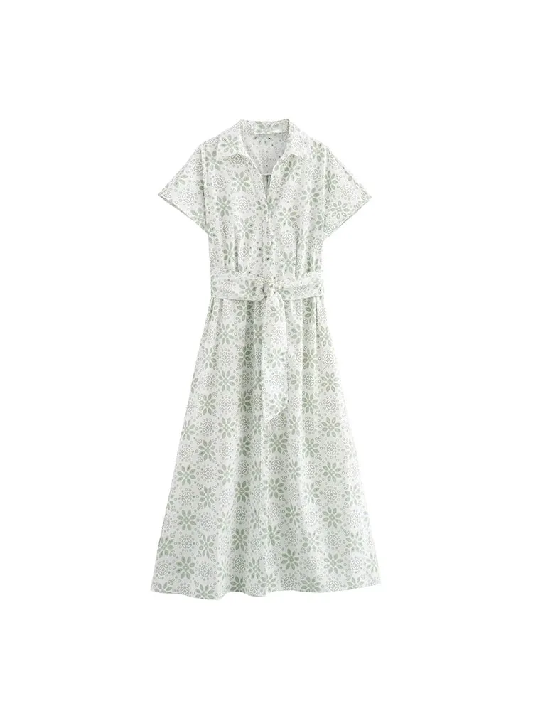 

European and American style 2024 autumn new women's slim lapel short-sleeved rubber embroidery midi dress