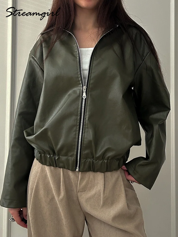 

Streamgirl Women PU Leather Jackets Oversize Brown Outerwears Green Coats Lady Black Oversized Jacket Women Leather PU Burgundy