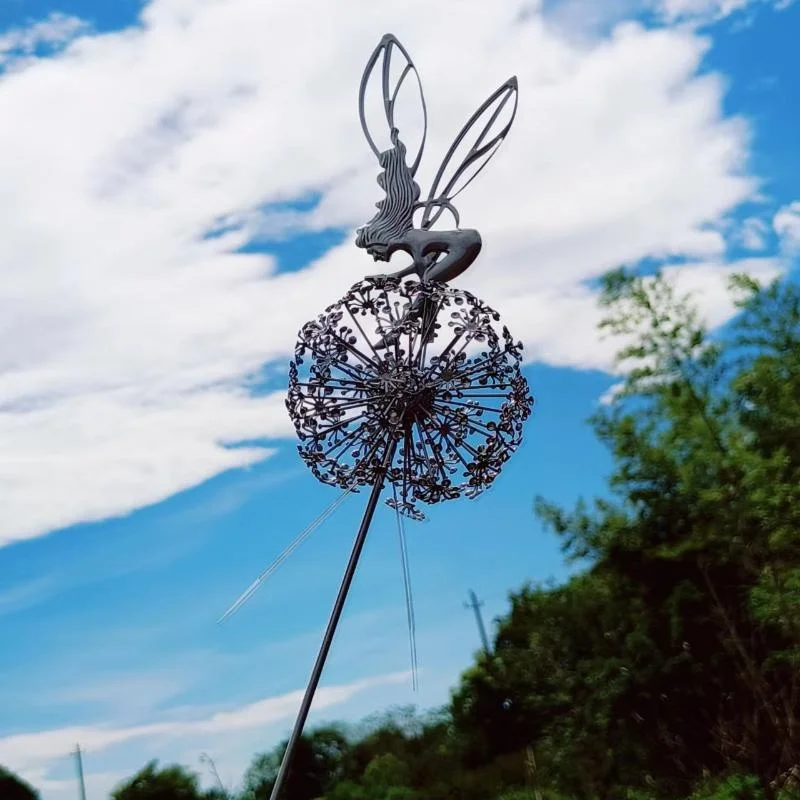 Garden Decorative Fairies and Dandelions Dance Together Metal Garden Yard Art Decor Lawn Landscape Sculpture Pixies Decoration