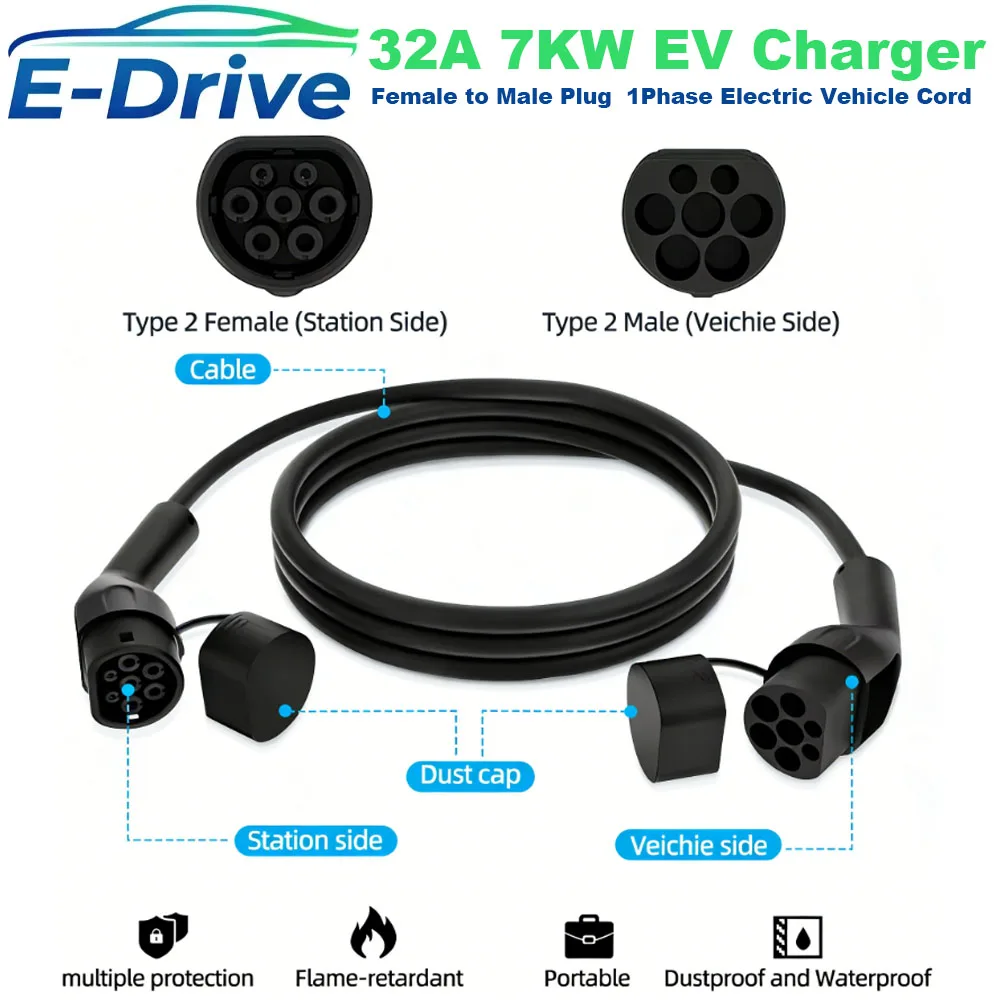 

Female to Male Plug Potable EV Charging Cable 32A 7kW 1Phase Electric Vehicle Cord 3M 5M 7M 10M Type 2 EVSE Charging Station
