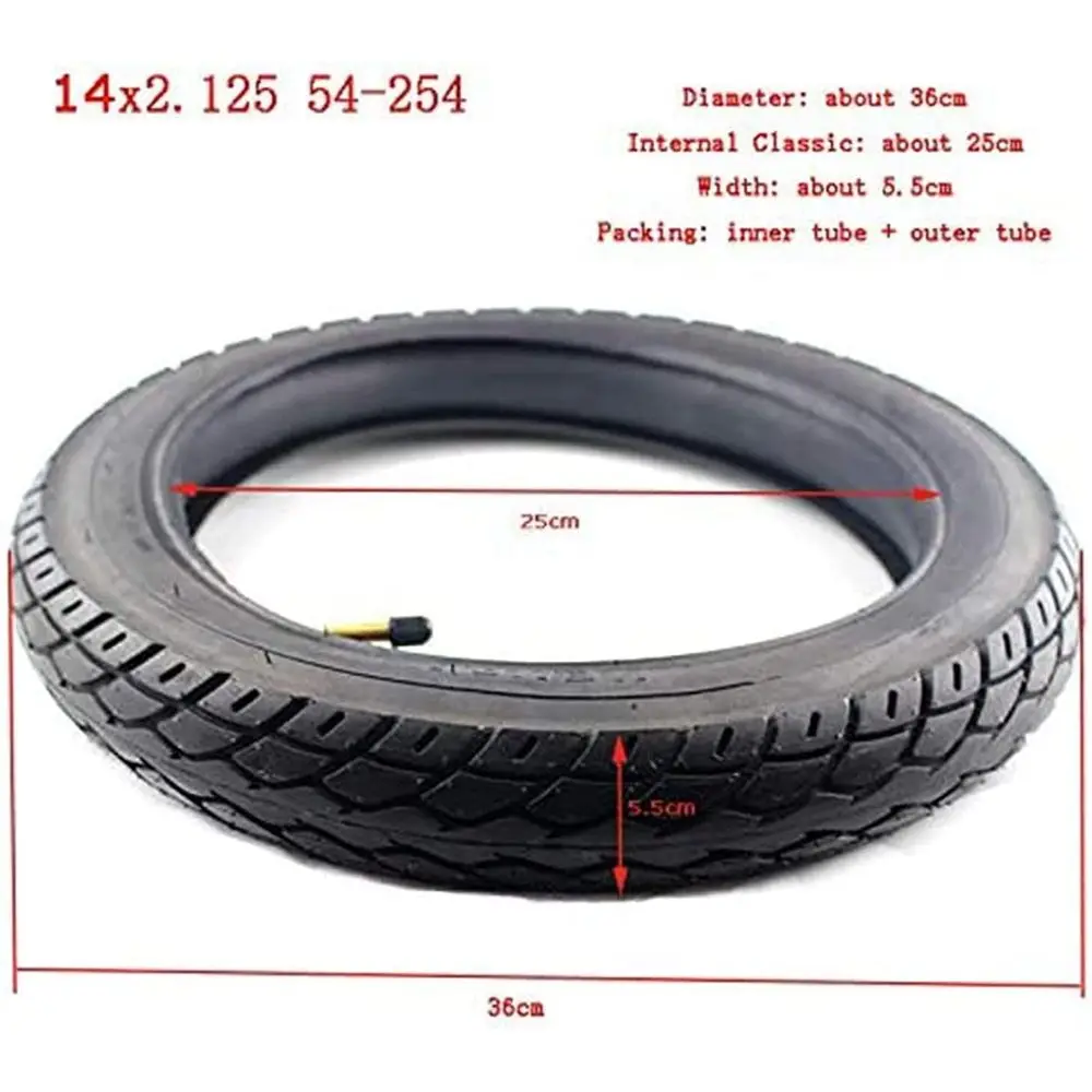 إطارات مطاطية للدراجة، إطار عجلة 14 بوصة 14 × 2.125/54-254 أنبوب داخلي للإطار يناسب الدراجات البخارية الكهربائية بالغاز والسيارة الكهربائية T