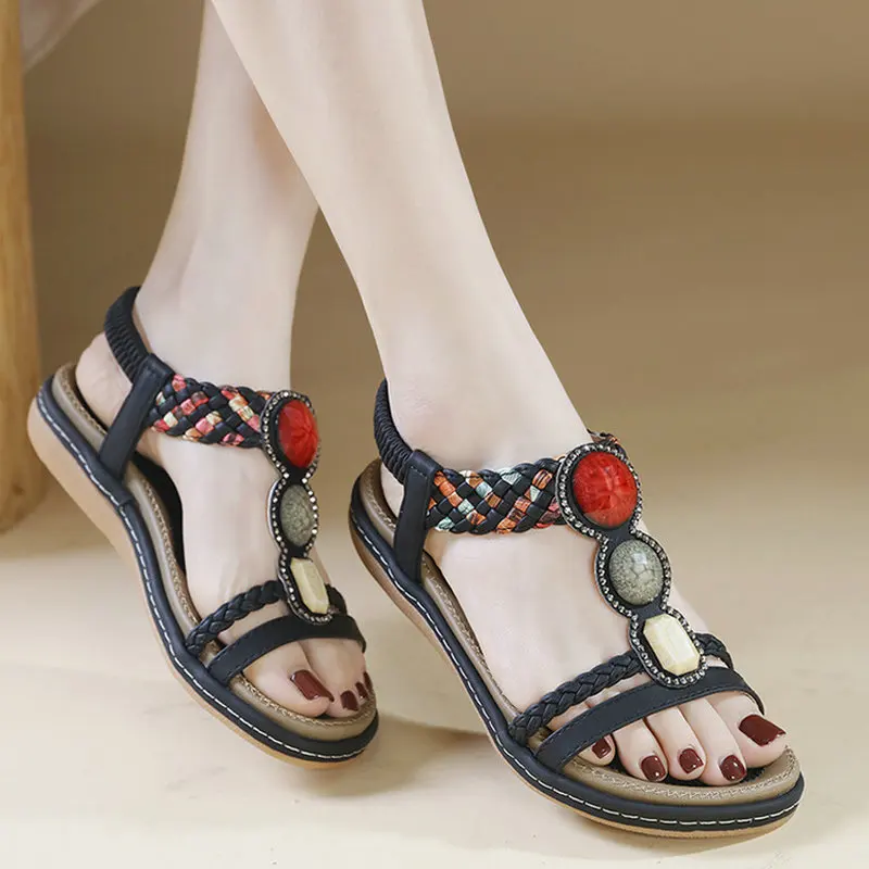 2025 summer new woman sandals Bohemia Style Flat Heels casual comfort non-slip flat sandals beaded female beach shoes plus size