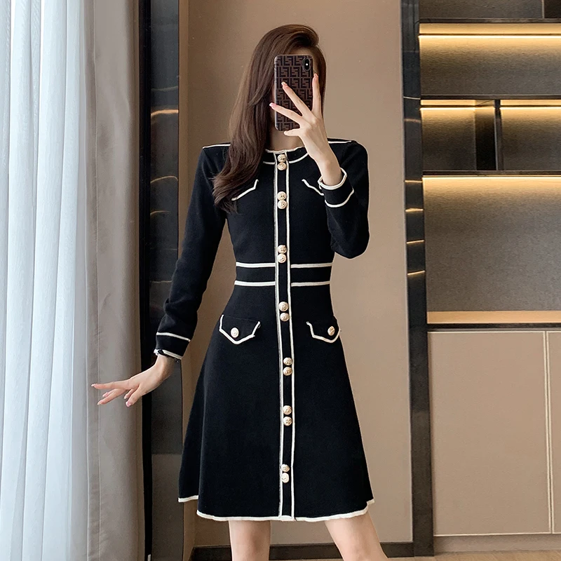 

Autumn Winter Hit Color Knitted A Line Dress Chic Fashion Women Single Breasted O Neck Long Sleeve Slim Waist Sweater Vestidos