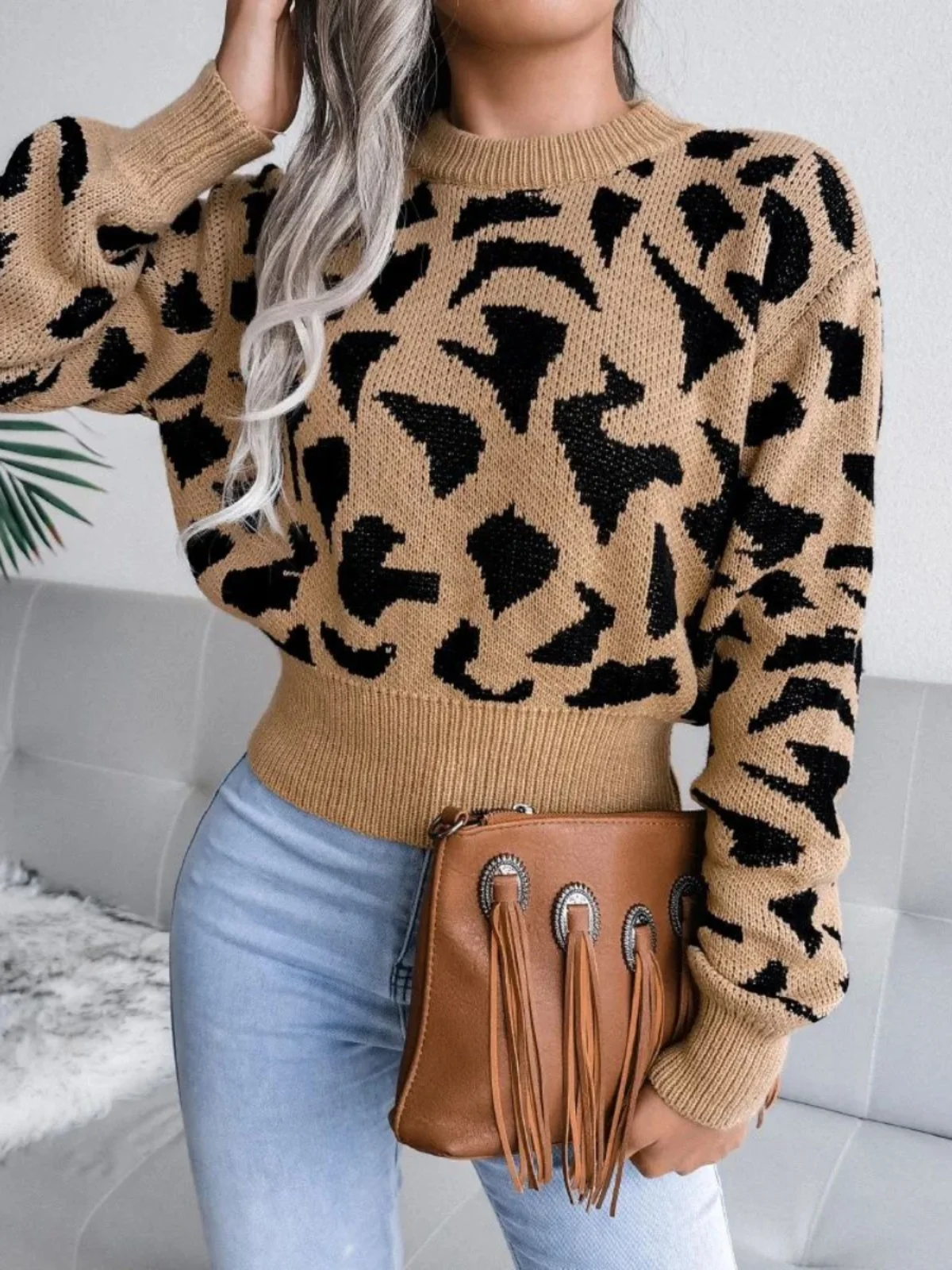 Haut en tricot cintré à la taille imprimé léopard pour femme, pull Svel ort, ventre Baring Street Sle rond Ne Long Sve