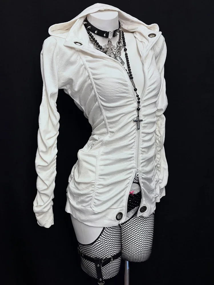 

Оригинальная ретро-толстовка с капюшоном, белая, плиссированная, с микроветрозащитным дизайном, осенняя новинка, женская, приталенная, из хлопка