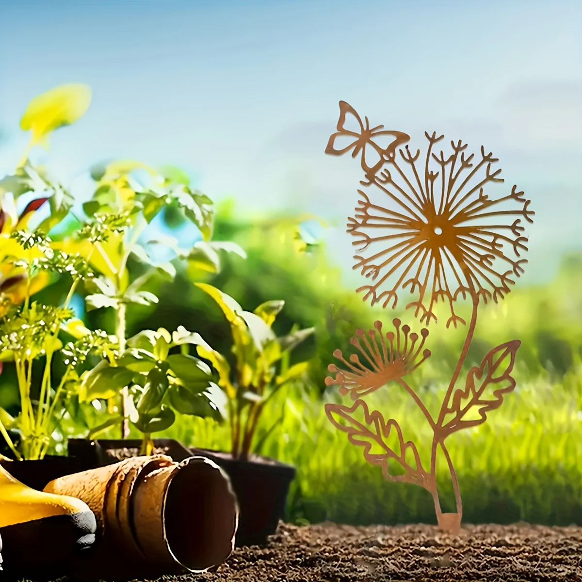 1Pc Iron Garden Decorative Stake, Dandelion and Butterfly Design, Metal Garden Stake, Outdoor/Indoor Decorative Art, Plant Support Stake, Garden Sculpture, Home Decoration, Floral Design, Suitable for Mother's Day, Easter, Valentine's Day, Thanksgiving, Autumn Festival, and Other Holiday Decorations.