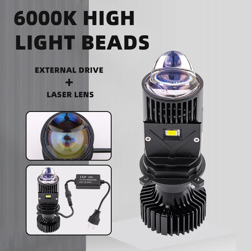 Y3 Pro Auto Led Headlight H4 Laser Light Lens Bi-LED Mini Projector Headlights Bulbs 12V 85W High Low Beam H4 Car Headlamps Lamp