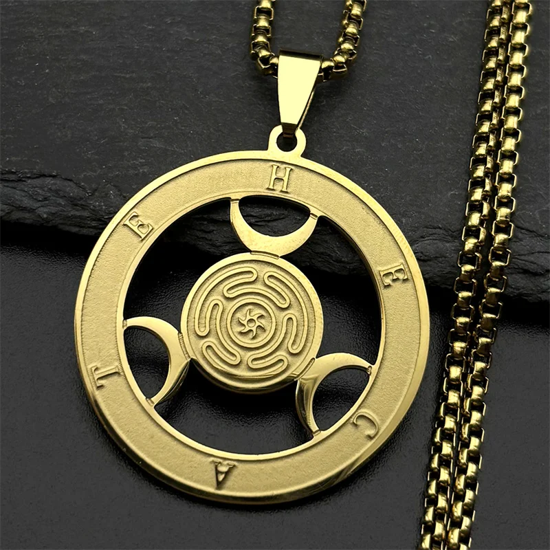 Wicca Triple Moon Goddness Hekate Wheel Edelstahl Anhänger Halskette Strophalos Hecate Magic Symbol Charm PIN Schmuck Geschenk – Detail 7