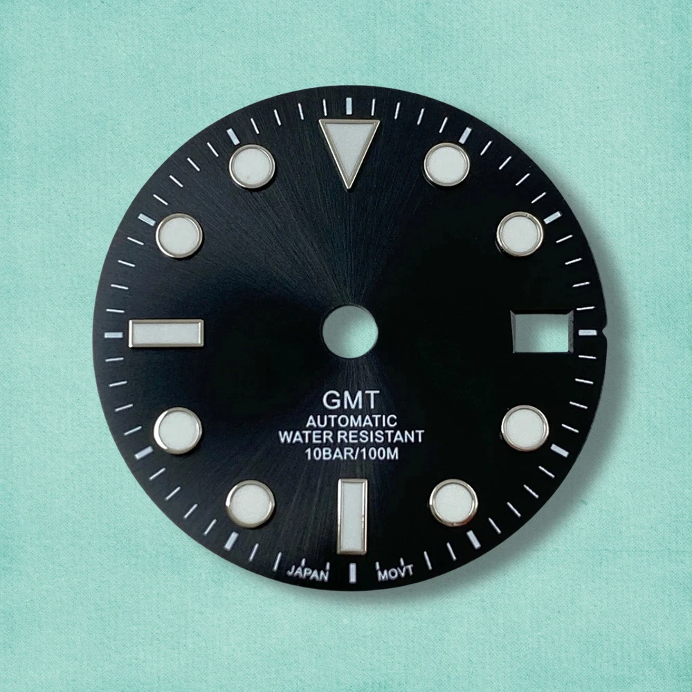 28.5mm GMT S Logo Sunburst Dial Fit NH34 Movement Green Luminous High-Quality Dial Watch Modification Accessories 3/3.8/4O'clock