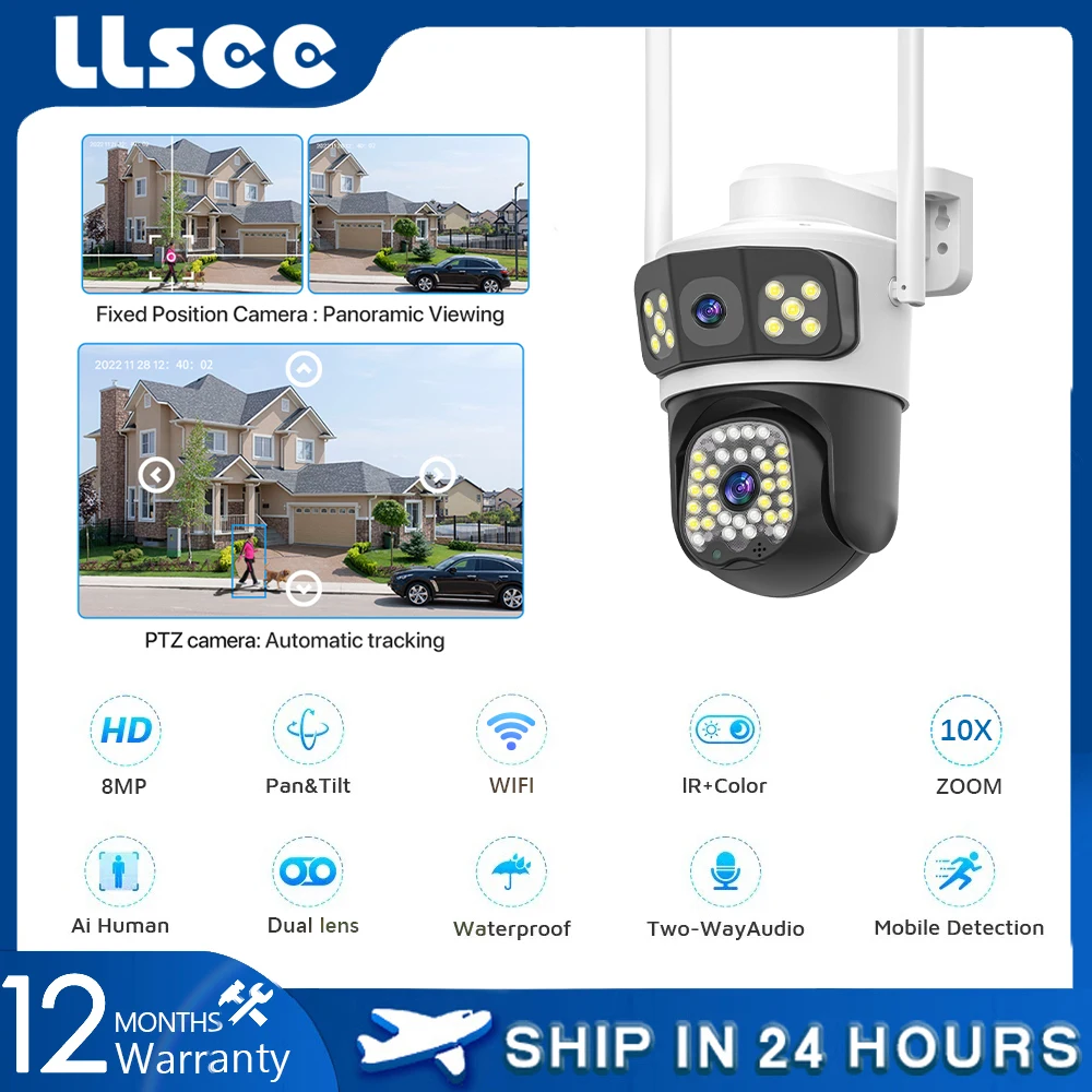 LLSEE V380 8MP 10x zoom, 4K monitor, dual lens, CCTV outdoor 4G SIM card camera, wireless WIFI waterproof 360 camera