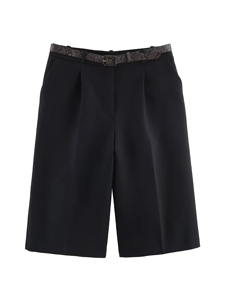 HH Women Summer Fashion Versatile Solid Medium Pants Female High Waist Zipper Commuting Pockets With Belt Knee-length Shorts