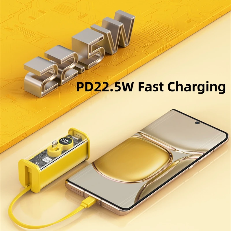 بنك طاقة صغير شفاف PD 22.5 وات شحن سريع مع كابل توصيل باور بانك لهاتف iPhone 15 Xiaomi Samsung حزمة بطارية خارجية