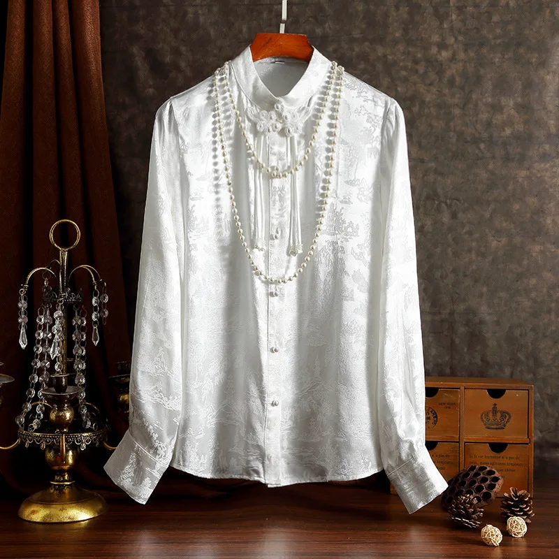 Trendy Tang clothing women's clothing Chinese style jacquard satin lace-up buckle white cheongsam top shirt 26 spring and summer