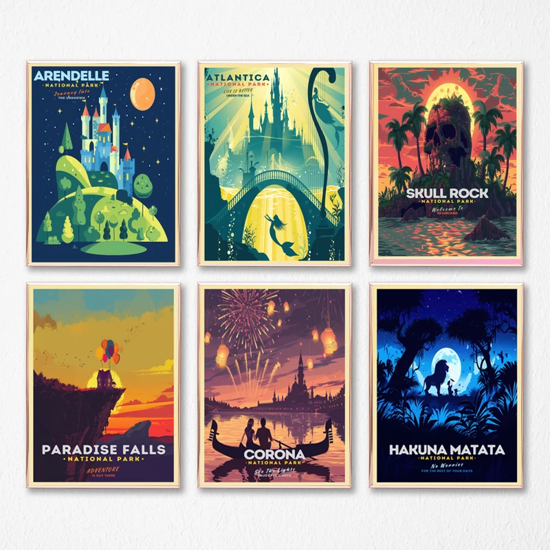 لوحة فنية مستوحاة من الحديقة الوطنية من ديزني أرينديل، جمجمة روك، هاكونا ماتاتا، كورونا والجنة شلالات قماشية ديكور المنزل