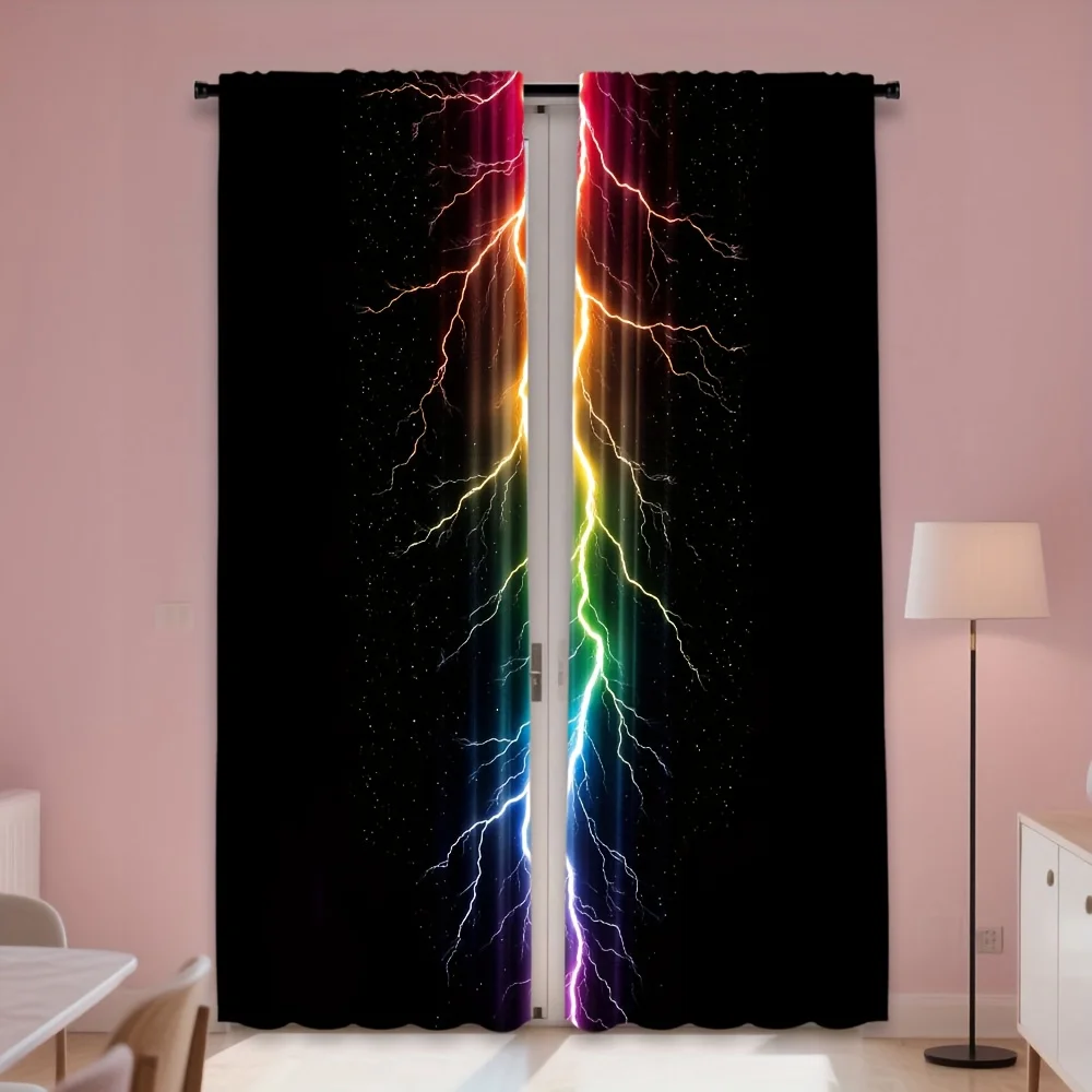 Vibrant Rainbow Lightning Storm Curtain Black Background Home Decor Window Drapes
