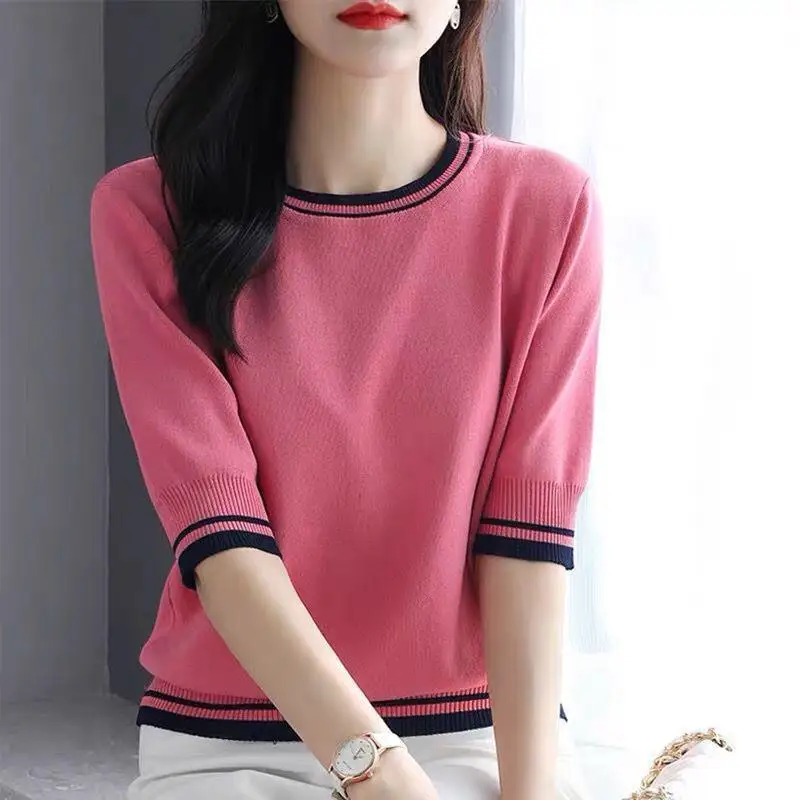 

French Style Fashion Summer T-Shirts Thin Style Women's O-Neck Contrast Color Simplicity Office Lady Loose Half Sleeve Knit Tops