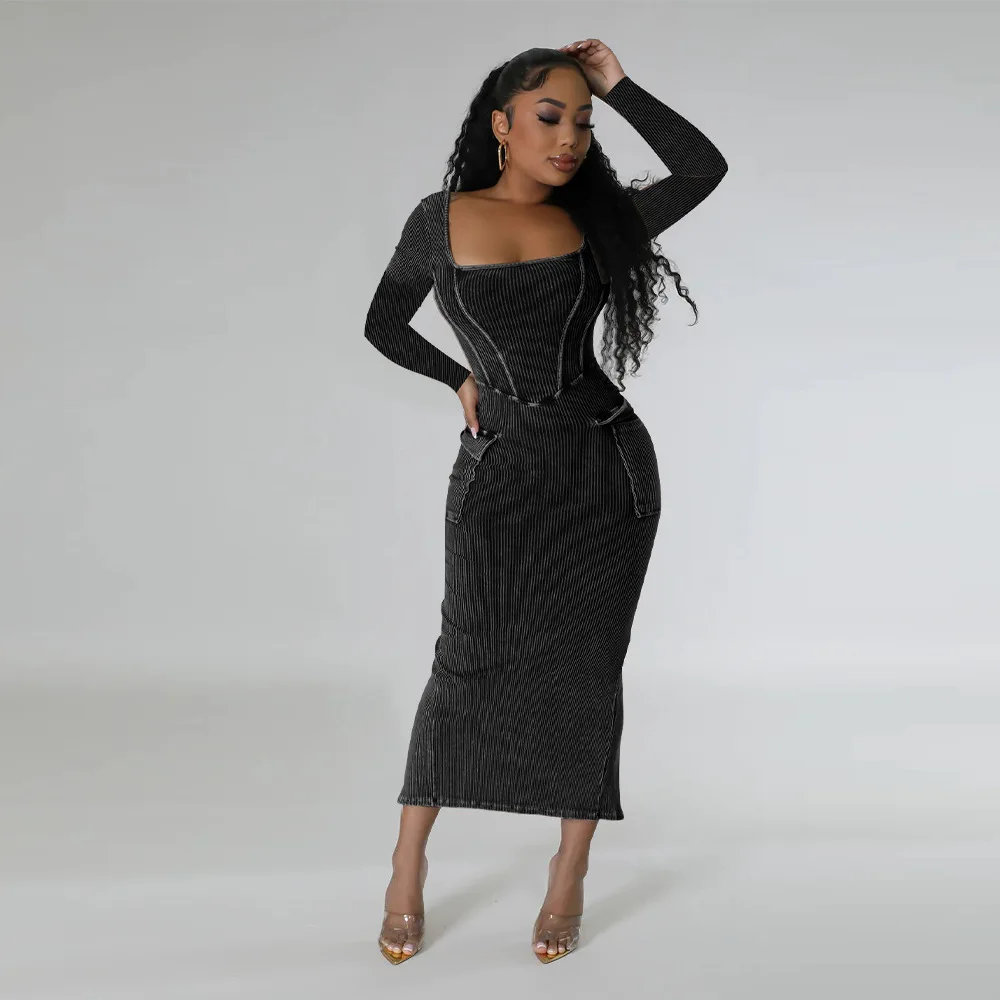 Ribbed Dress Cargo Pockets Long Dresses Elegant Sexy Maxi Dress 2023 Women Bodycon Club Dresses Casual Y2K Streetwear Clothes