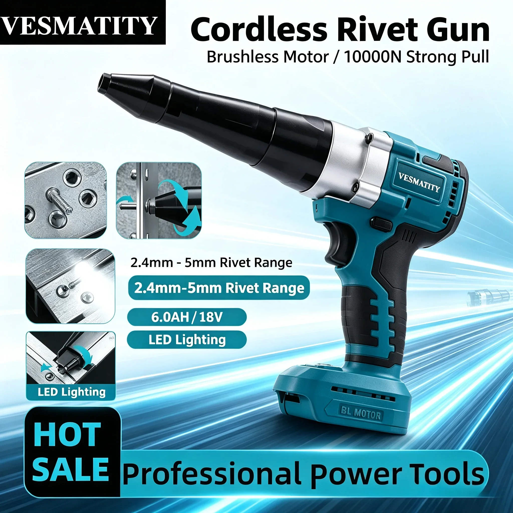 Powered LED Cordless Rivet Nut Gun Brushless Automatic Electric Riveter for Daily Industrial Riveting Jobs For 18V-20VBattery