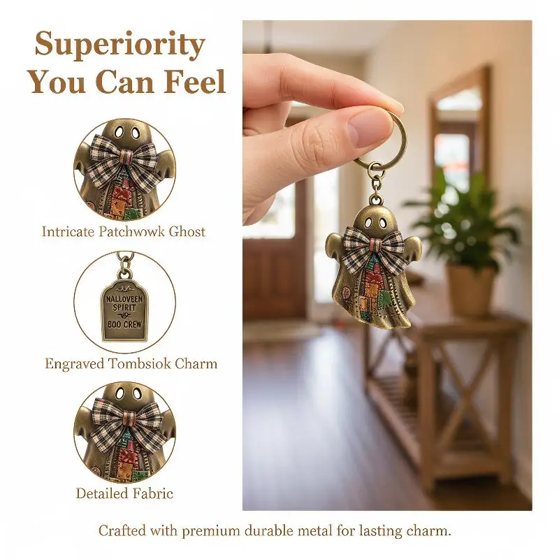 Halloween Ghost Keychain Boo Crew Vintage Patchwork Lovely Spooky Key Ring for Friend Gift Backpack Pendant Party Decor