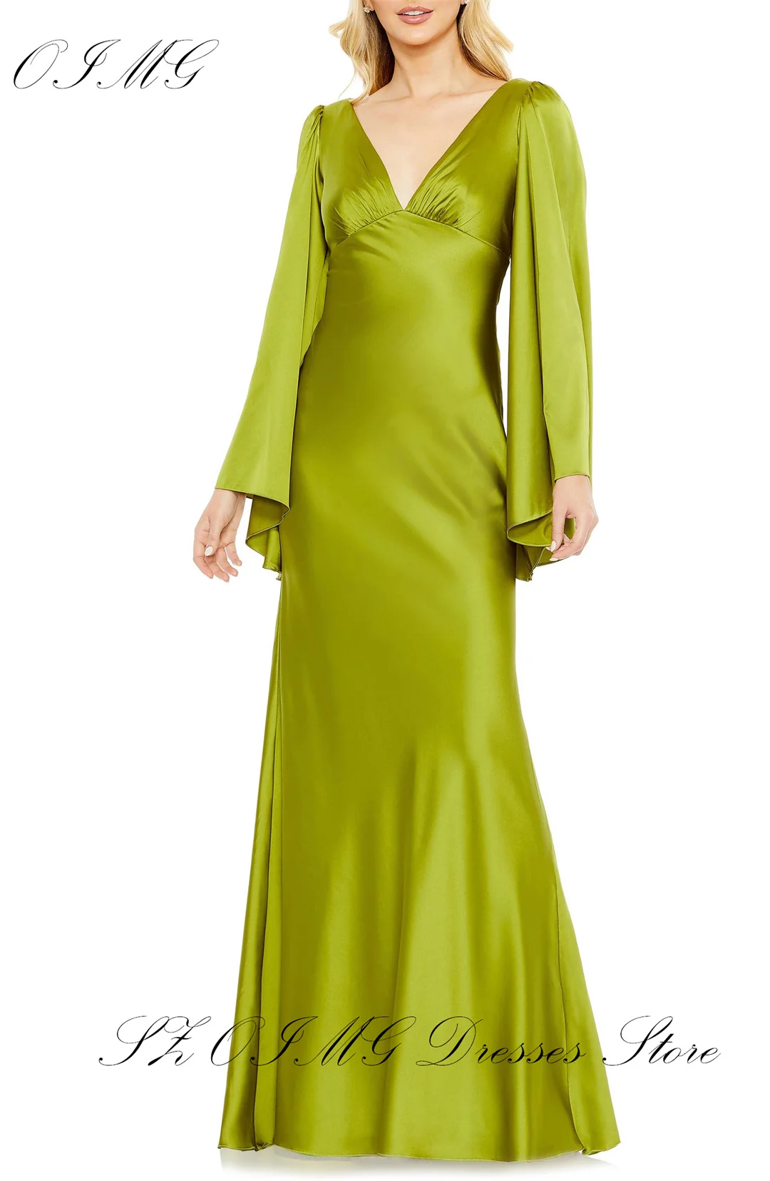 

OIMG Vintage V- Neck Backless Prom Dresses Silk Satin Long Sleeves Women Ruched Green Evening Gowns Occasion Formal Party Dress