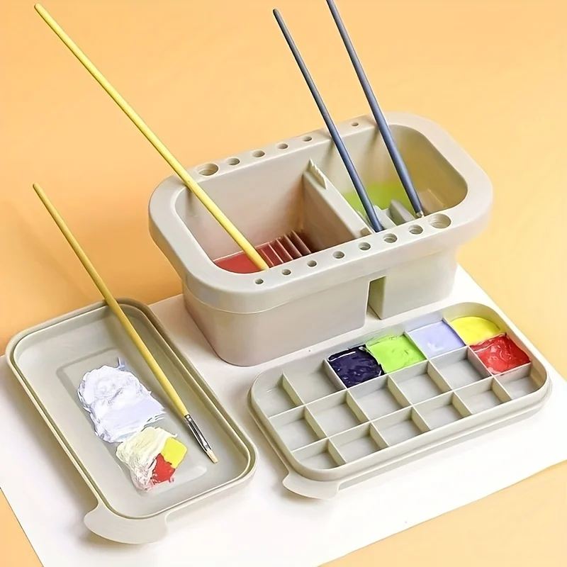 [1 Brush Holder with Palette]1 Rectangular Integrated Palette with Lid,16-hole Multi-functional Brush Washer,cleaner,storage Box