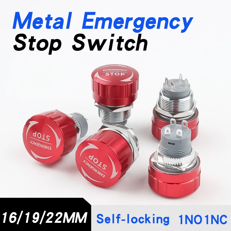 16MM/19MM/22MM Metal Emergency Stop Switch Button  Mushroom Shape Self-locking  1NO1NC Ultra-Short Waterproof Stop Button
