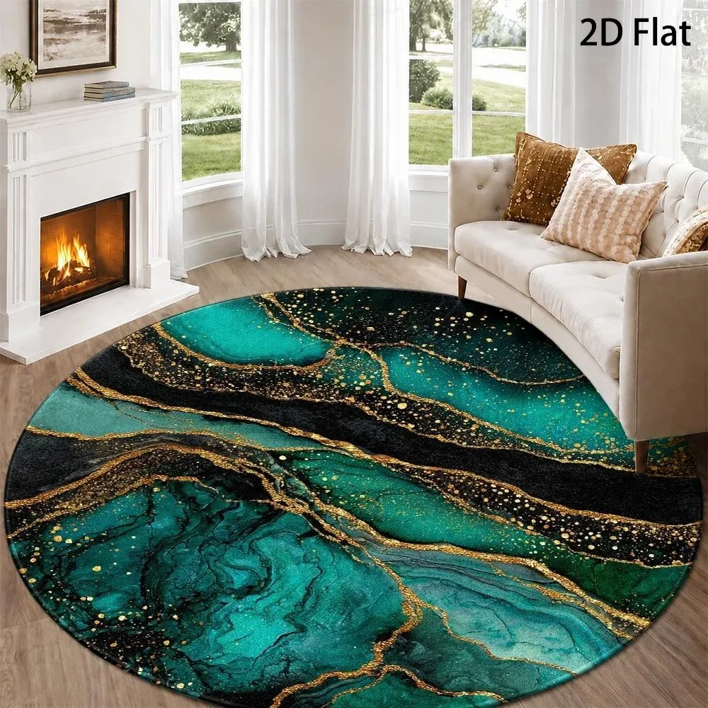 Emerald Green Black Gold Marble Round Rug Luxury Swirl Vein Gold Foil Glitter Texture Print Circular Floor Mat for Living Room