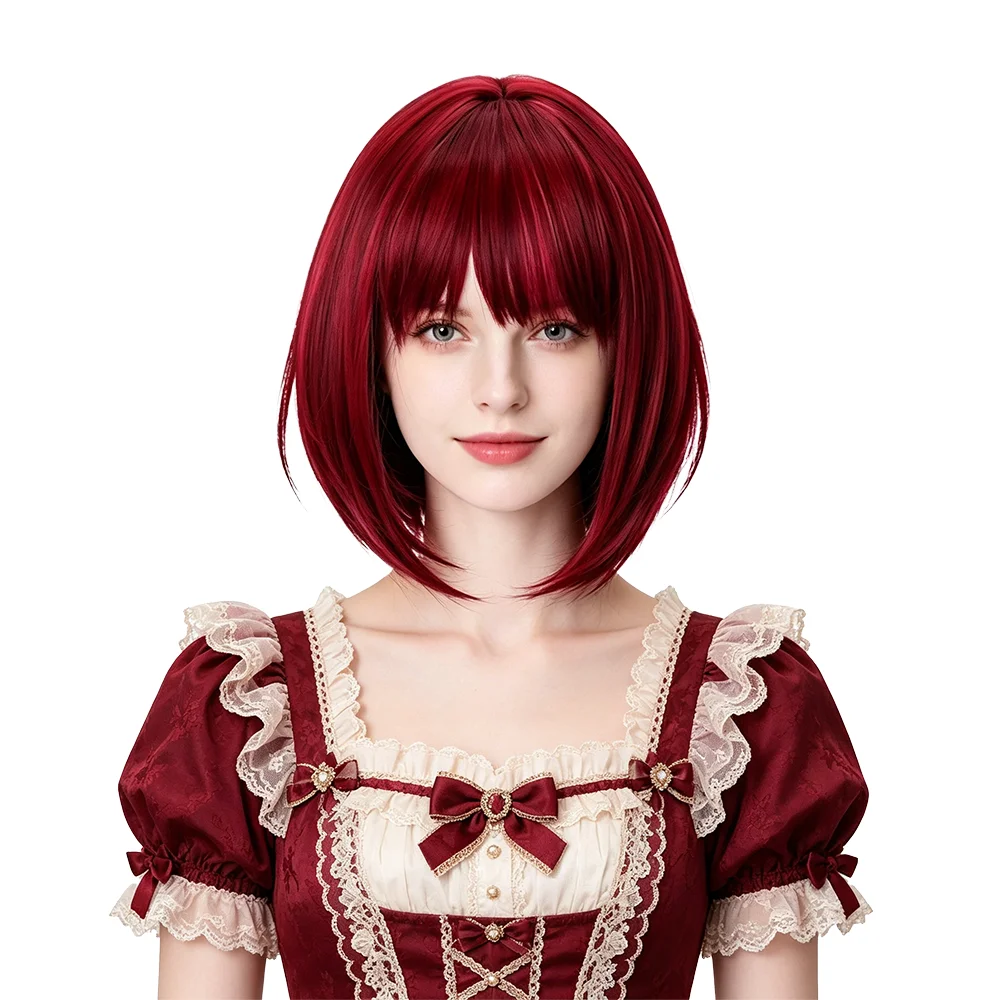 

Anime Cosplay Wine Red Highlights Bob Wig with Bangs Short Straight Heat Resistant Synthetic Wig For Halloween Comic Con Party