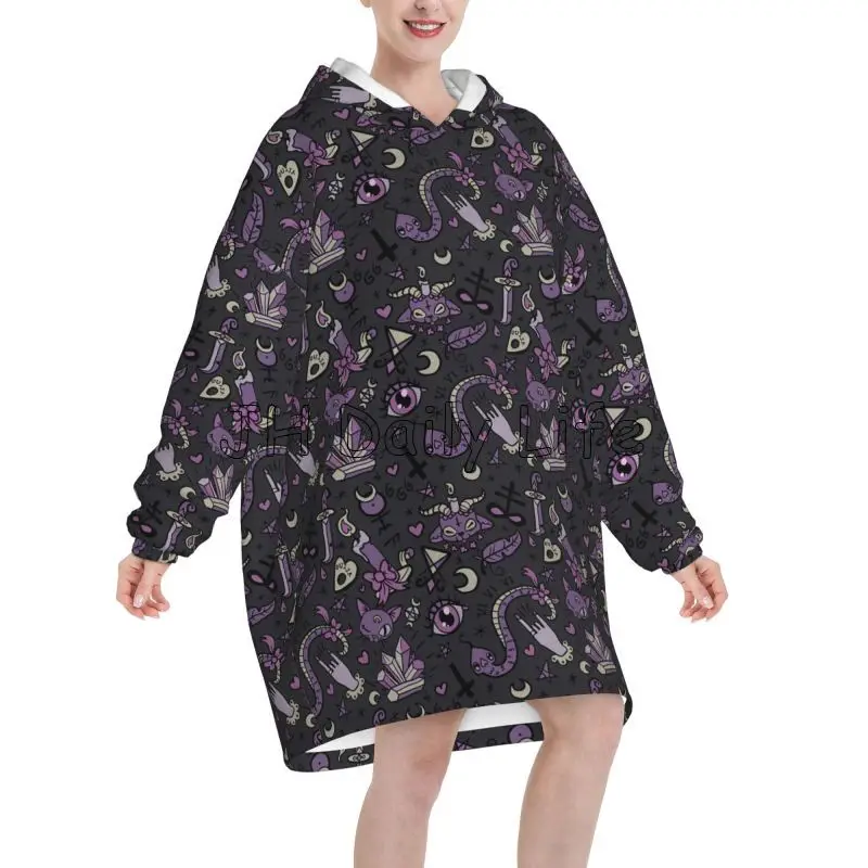 Magic Goth Spooky Gray Purple Black Oversized Blanket Hoodie Women Wearable Fleece Pullover Fleece Sherpa Blankets with Pockets