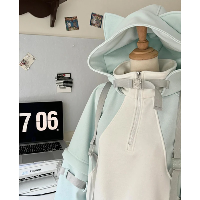 Damska bluza z kapturem Anime Lolita, patchworkowa, subkulturowa, słodka streetwearowa, z długim rękawem, luźna, codzienna, z kocimi uszkami, odzież wierzchnia.