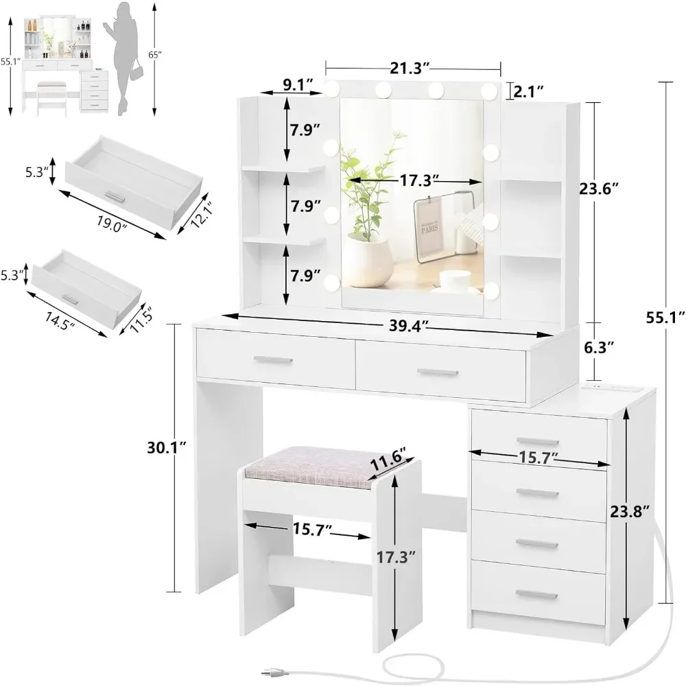 Duża toaletka 48 cali z lustrem i oświetleniem, toaletka do makijażu z 6 szufladami i gniazdem elektrycznym, zestaw toaletowy ze stołkiem