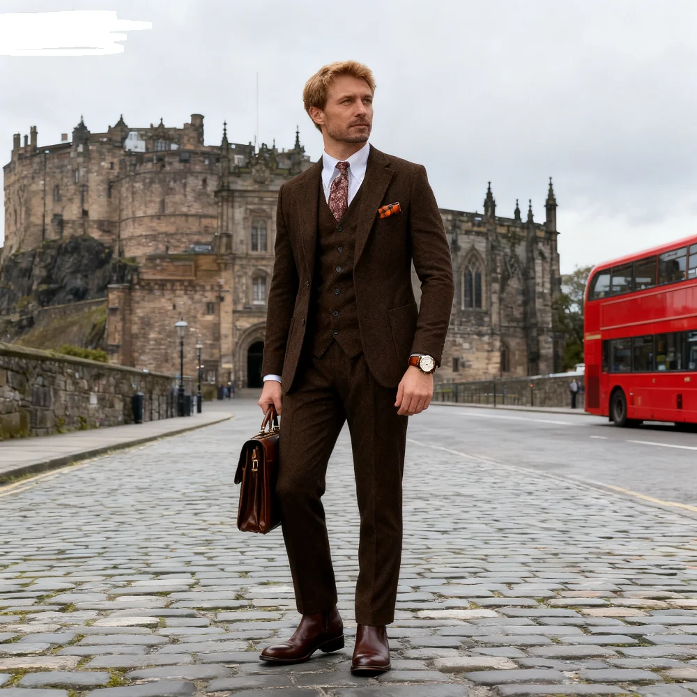 

Elegante 3-Piece Men's Tweed Ternos for Winter Wedding Formal Banquet Spineless Fish Banquet Elegant Men's Suit